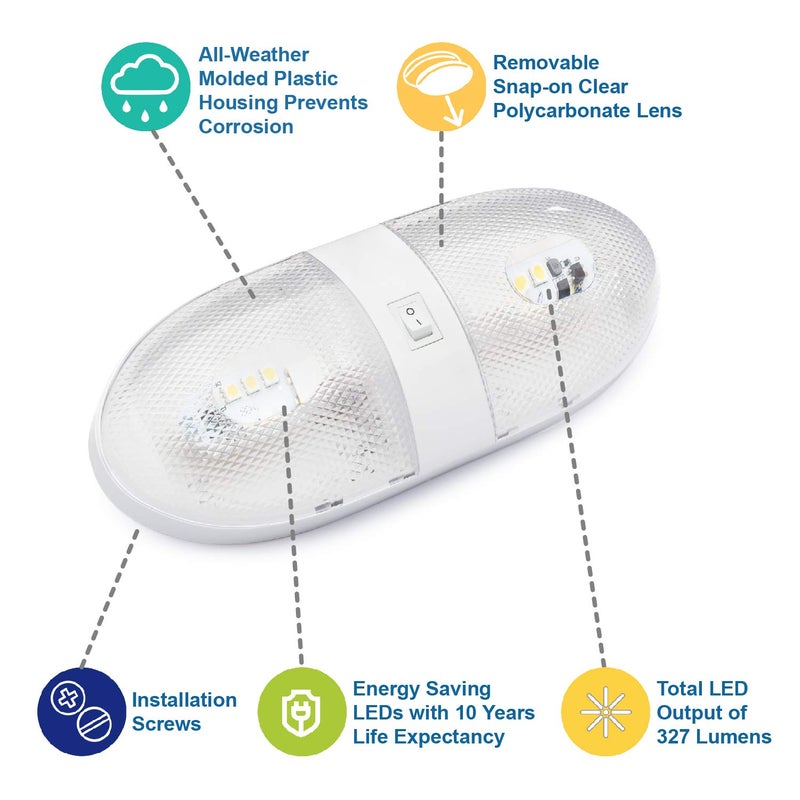Lumitronics RV 12V Double LED Ceiling Dome Light, On/Off Switch, Removable Lenses - Image 4